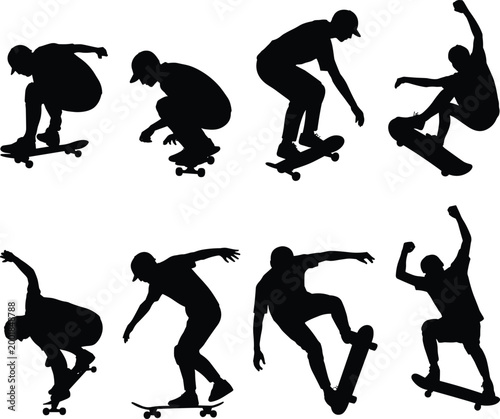 Skateboarder silhouettes set with trick sequences and jumping poses isolated on white background for urban sports concepts