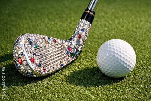 A golf club head decorated with various colorful gemstones and diamonds resting on a green grass golf course next to a white dimpled golf ball