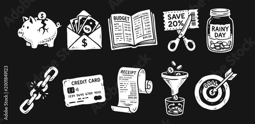 Financial planning and personal budgeting icons in hand drawn linocut style