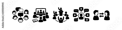 Set of hand-drawn communication icons featuring team collaboration, video calls, public speaking, customer feedback, and interpersonal dialogue. Minimalist black ink doodle style on white.