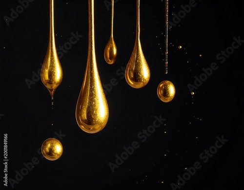 Macro view of molten 24k gold drop with small liquid droplets, luxury metallic element isolated on black