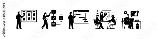 A set of black and white silhouette illustrations depicting project management processes, including Kanban boards, flowcharts, Gantt charts, team meetings, and data analysis.