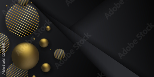 Luxury black and gold abstract background with 3D spheres. Premium dark geometric banner with copy space for business and elegant design