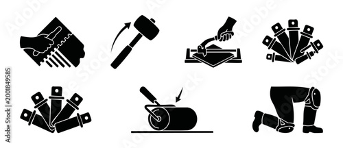 Tiling tools icon set, construction flooring equipment symbols, professional manual tile cutter, notched trowel, rubber mallet, knee pads, and floor leveling tools for home renovation and interior des