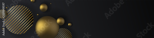 Luxury black and gold abstract background with 3D spheres. Premium dark geometric banner with copy space for business and elegant design