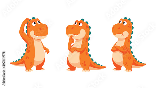Cute Cartoon Dinosaurs Set with Various Emotions: Thinking, Pondering, and Sad Dino Characters