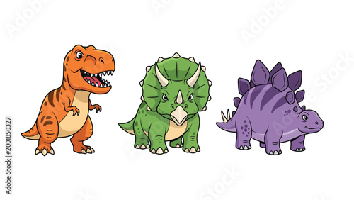 Cute Cartoon Dinosaurs Set: T-Rex, Triceratops, Stegosaurus. Prehistoric animal characters illustration for kids.