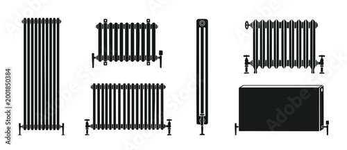 Radiator heating icons set, black silhouettes of home heater units for apartment interior design, isolated collection of steel panel radiators and cast iron water wall heaters for residential renovati