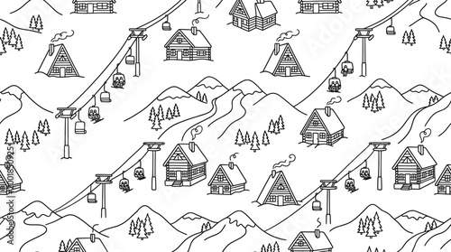 Monochrome Ski Resort Seamless Pattern with Cabins, Mountains, and Ski Lifts in Line Art, isolated white background