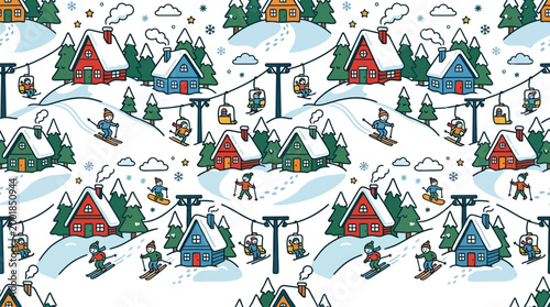 Colorful Winter Ski Resort Seamless Pattern with Skiers, Cabins, and Mountains, Fun Winter Recreation
