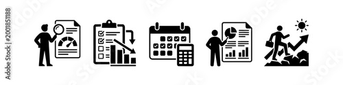 Set of black business icons representing performance monitoring, risk analysis, scheduling, data reporting, and career growth. Ideal for professional infographics and presentations.