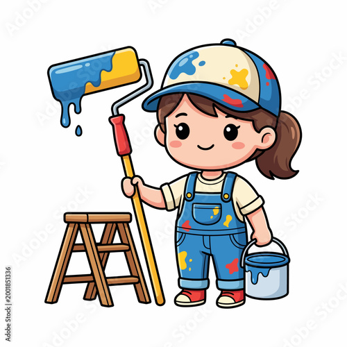 Cute cartoon girl dressed as a painter, holding a paint roller and a bucket, standing next to a stepladder