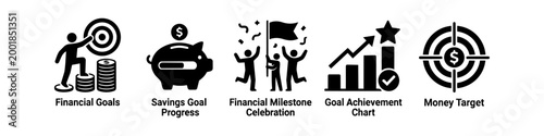 Collection of financial goal and savings icons, featuring progress tracking, money targets, and success celebrations. Ideal for business, investment, and personal finance concepts.