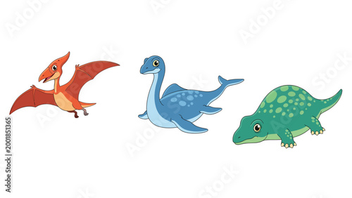 Cute Cartoon Prehistoric Animals Set: Flying Pterodactyl, Swimming Plesiosaur, and Armored Dinosaur Illustration for Kids
