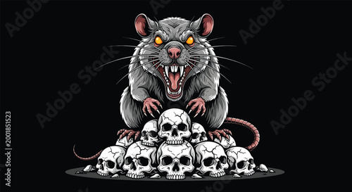 Cuadro en lienzo Fierce Rat Sitting on Pile of Skulls Illustration.