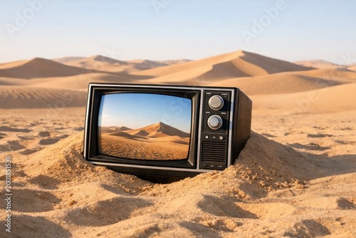 An old fashioned vintage television set half buried in the sand of a vast desert landscape, with the screen reflecting the surrounding dunes and sky