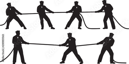 Slika na platnu Black Solid Navy Sailors Pulling Ropes Silhouettes Set of Six on White Backgroun