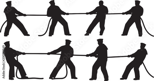 Foto Black Solid Navy Sailors Pulling Ropes Silhouettes Set of Six on White Backgroun