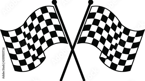 Two crossed black and white checkered racing flags vector illustration symbol for finish line achievement competition speed automotive sports car rally and victory event