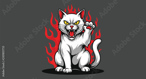 Quadro su tela Fierce White Cat with Glowing Eyes and Flames Illustration 1.