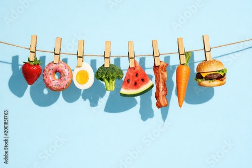 Assorted food including a strawberry, donut, boiled egg, broccoli, watermelon slice, bacon, carrot, and burger hanging on a clothesline
