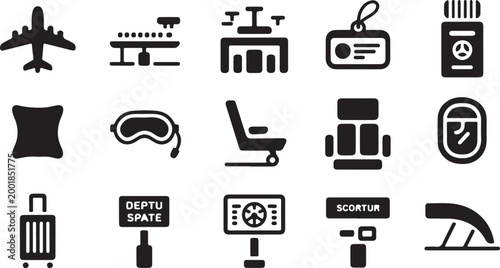 A collection of black representing air travel, including an airplane, airport terminal, luggage, boarding pass, seat, sleep mask, and flight information signs on a white background