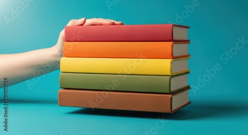 A hand holding a stack of colorful books on a blue background