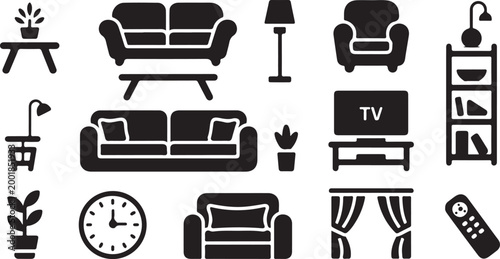 A collection of black silhouette representing living room furniture, including sofas, armchairs, coffee tables, floor lamps, potted plants, a television set, a bookshelf, curtains, and a remote