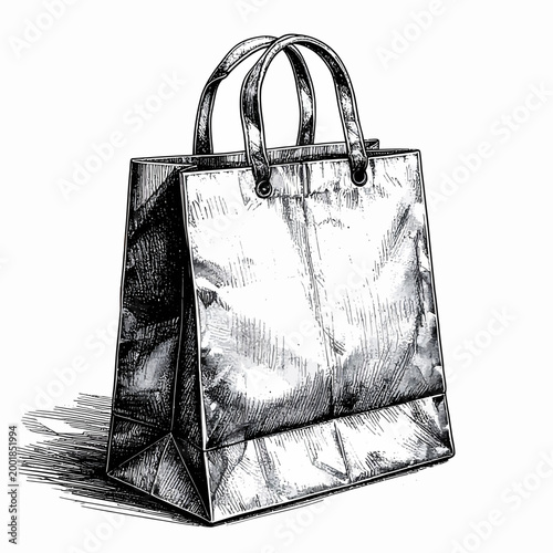 A detailed, monochromatic hand-drawn illustration of a shiny, crinkled shopping bag with handles, casting a distinct shadow on a white background