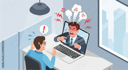 Angry Boss Yelling Through Laptop Screen at Scared Employee Isometric Illustration