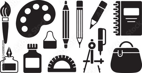 A collection of black silhouette representing various school and office stationery including a paintbrush, paint palette, pencils, ink bottle, protractor, compass, and a spiral notebook