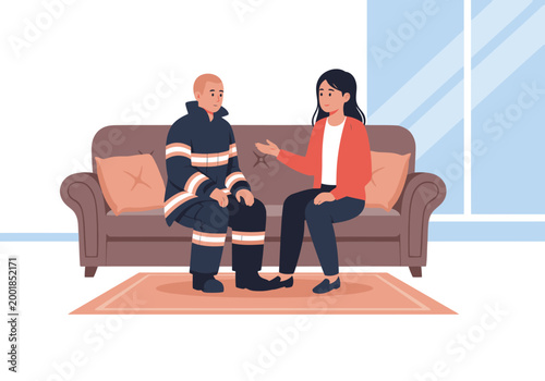 A firefighter debriefs with a partner on a sofa, offering support and care.  Warm colors and a relaxed setting convey empathy and professionalism.