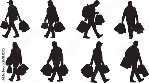 Photos Black Solid Heavy Bag Shopper Walking Silhouettes Set of Six on White Background