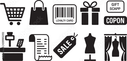 A collection of ten black and white shopping and retail featuring a shopping cart, gift box, barcode, receipt, sale tag, clothing mannequin, and fitting room curtain on a white background