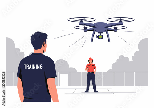 A firefighter trainee receives drone operation training outdoors. A trainer observes the student using a drone. Modern training academy setting.