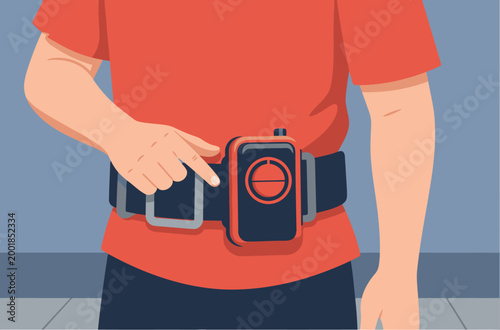 A firefighter uses a device alarm, highlighting safety equipment. Clear, modern illustration. Ideal for emergency services or training visuals.