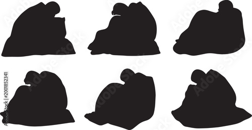 Schilderij op canvas Black Solid Heavy Blanket Sleeping Silhouettes Set of Six on White Background