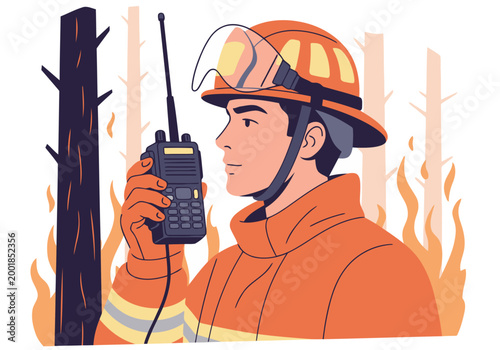 Quadro su tela A firefighter uses a radio in a fiery forest scene