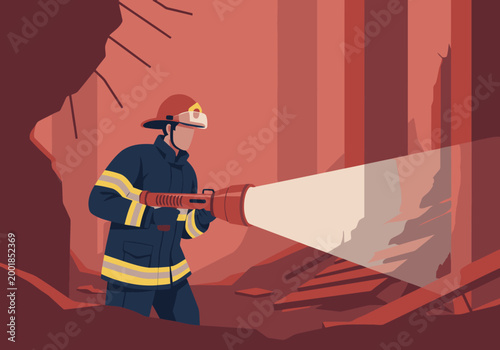Bilde på lerret A firefighter uses a flashlight to search ruins, highlighting safety and rescue efforts