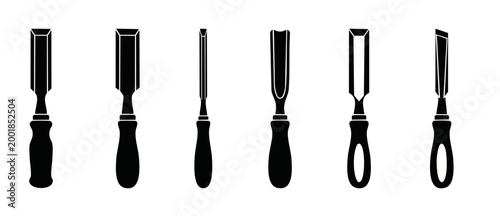 Woodworking Chisel Set Vector Icons for Carpentry and Wood Carving Tools, Professional Hand Tools Collection for Construction and Joinery Projects, Isolated Black Silhouette Design Elements on White B