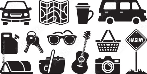 Collection of black travel and adventure featuring a car, map, coffee cup, van, fuel can, keys, sunglasses, guitar, shopping basket, road sign, tent, cooler, and camera on white background