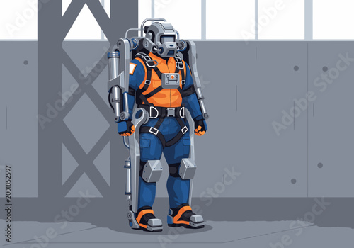 A futuristic exoskeleton rescue tech gear operator stands in a hangar. The detailed suit showcases advanced technology and a professional rescue role. Modern, industrial setting.