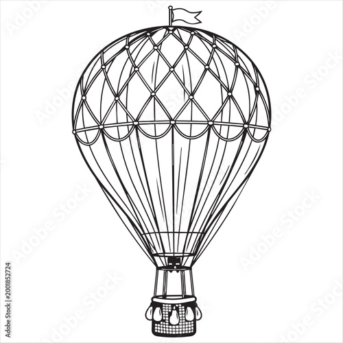 Vintage hot air balloon illustration with basket and flag old fashioned lighter than air black and white transport adventure exploration discovery transportation aerostat