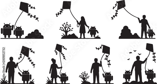 Fotografía Black Solid Human And Robot Flying Kite Silhouettes Set of Six on White Backgrou