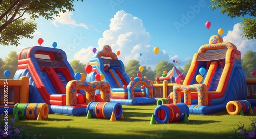Vibrant inflatable bounce house park with colorful slides and tunnels on green grass