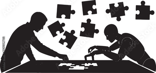 Black Solid Human And Robot Jigsaw Puzzle Silhouettes Set of Six on White Background