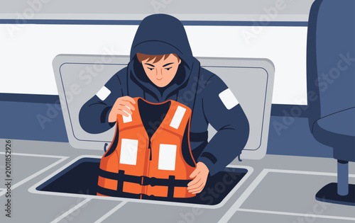 Foto A young man stows a life jacket in a boat locker