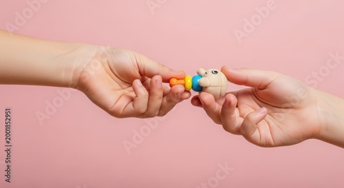 Two hands exchanging a small toy on a pink background with care