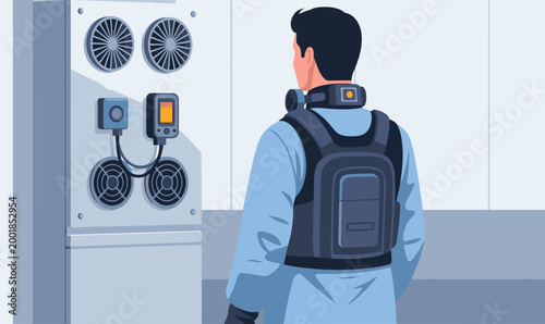 A man wearing a gas sensor wearable safety vest examines a control panel with ventilation fans. Modern industrial setting. Focus on safety technology.