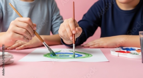 Two children painting a colorful picture together on paper with brushes